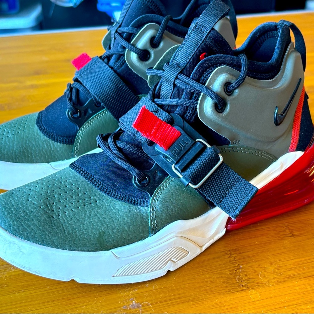 Nike AirForce 270, olive, black, white and red, size 6 youth 6Y